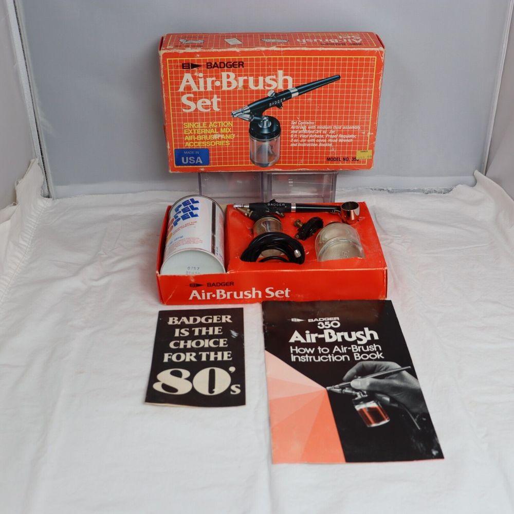 Vintage Badger Air Brush Set Model 350-3 Single Action Air Brush & Accessories